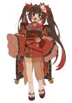  1girl bell brown_hair commentary flower flower_in_mouth fox_mask full_body gradient_hair head_tilt honkai:_star_rail honkai_(series) iwashi_(iwashi008) japanese_clothes kimono long_hair long_sleeves looking_at_viewer mask mask_on_head multicolored_hair neck_bell obi okobo red_eyes red_flower red_kimono redhead sandals sash simple_background socks solo sparkle_(honkai:_star_rail) symbol-only_commentary twintails white_background white_socks wide_sleeves 