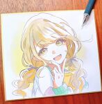  1girl art_tools_in_frame blonde_hair braid commentary_request fang fujita_kotone gakuen_idolmaster highres idolmaster jacket long_hair looking_at_viewer marker_(medium) mechanical_pencil multicolored_clothes multicolored_jacket open_clothes open_jacket open_mouth pato_(ptro) pencil photo_(medium) smile solo traditional_media twin_braids upper_body v yellow_eyes 