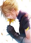  1boy armor bandaged_arm bandages black_gloves blonde_hair blue_shirt blurry blurry_foreground closed_eyes cloud_strife crying earrings facing_to_the_side falling_petals final_fantasy final_fantasy_vii final_fantasy_vii_rebirth final_fantasy_vii_remake flower gloves hair_between_eyes head_down highres holding holding_flower jewelry lily_(flower) own_hands_clasped own_hands_together papiwanko parted_lips petals profile shirt short_hair shoulder_armor single_earring single_shoulder_pad sleeveless sleeveless_turtleneck solo spiky_hair suspenders tears turtleneck upper_body white_background yellow_flower yellow_petals 