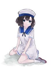  1girl absurdres amot_211 black_hair blue_eyes blue_sailor_collar bob_cut daitou_(kancolle) dress hat high_ponytail highres kantai_collection one-hour_drawing_challenge sailor_collar sailor_dress sailor_hat shoes short_hair short_ponytail short_sleeves simple_background sitting solo uwabaki wariza white_background white_dress white_hat 