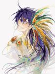  1boy blush circlet earrings feather_hair_ornament feathers grin hair_ornament happy highres hoop_earrings jewelry kuoyue480 long_hair looking_at_viewer looking_back magi_the_labyrinth_of_magic male_focus necklace purple_hair simple_background sinbad_(magi) smile solo white_background yellow_eyes 
