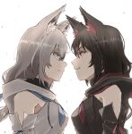  2girls absurdres ahoge animal_ear_fluff animal_ears black_hair black_sailor_collar blue_eyes blue_ribbon braid breasts closed_mouth detached_sleeves dual_persona eye_contact face-to-face fox_ears fox_girl from_side grey_hair grin hair_between_eyes highres hololive kohiiro kurokami_fubuki long_hair looking_at_another medium_breasts multiple_girls parted_lips profile red_eyes red_ribbon ribbon sailor_collar shirakami_fubuki side_braid smile staring staring_contest upper_body virtual_youtuber white_background white_sailor_collar 