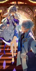  1boy 1girl bare_shoulders blue_footwear blue_gemstone breasts brother_and_sister choker clenched_hand closed_mouth cross_print detached_sleeves dress elbow_gloves feathered_wings gem gloves grey_eyes grey_hair grey_pants hair_between_eyes halo halo_behind_head hand_up head_wings highres honkai:_star_rail honkai_(series) jacket jewel_under_eye long_hair long_sleeves looking_at_another looking_down medium_breasts mobiling musical_note_ornament open_mouth pants pearl_(gemstone) petals purple_choker purple_dress purple_shirt red_carpet robin_(honkai:_star_rail) shadow shirt shoes short_hair short_sleeves siblings sidelocks sleeveless sleeveless_dress smile stairs standing star_(symbol) sunday_(honkai:_star_rail) tassel two-tone_dress walking wavy_hair white_dress white_gloves white_jacket wings yellow_eyes 