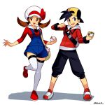  1boy 1girl artist_name backwards_hat bag baseball_cap black_eyes black_hair black_pants blue_overalls brown_hair english_commentary ethan_(pokemon) hat highres holding holding_poke_ball hood hood_down hooded_jacket hoodie jacket looking_at_viewer lyra_(pokemon) medium_hair overalls pants poke_ball pokemon pokemon_hgss red_jacket red_shirt shadow shirt short_hair simple_background smgold standing standing_on_one_leg thigh-highs twintails white_background white_hat white_thighhighs 