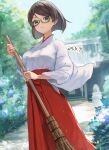  1girl black_hair blue_flower breasts broom closed_mouth day flower glasses green-framed_eyewear grey_eyes hakama holding holding_broom japanese_clothes kantai_collection kirishima_(kancolle) large_breasts long_sleeves miko outdoors red_hakama short_hair shrine smile solo wide_sleeves wss_(nicoseiga19993411) 