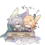  2boys :&lt; ahoge alhaitham_(genshin_impact) anger_vein animal_ear_fluff animal_ears black_footwear black_gloves black_pants black_shirt blonde_hair blue_sash book boots braid cape cat_boy cat_ears cat_tail chibi closed_eyes closed_mouth elbow_gloves feather_hair_ornament feathers frown genshin_impact gloves green_eyes grey_hair hair_ornament headphones holding holding_book kaveh_(genshin_impact) koma_(km_mmmk) looking_at_another male_focus multiple_boys open_book pants paper parted_bangs partially_fingerless_gloves pillow puff_of_air reading red_cape sash shirt shoes short_hair sidelocks simple_background single_braid sleeveless sleeveless_shirt sticky_note suitcase swept_bangs tail v-shaped_eyebrows white_background white_footwear white_shirt 