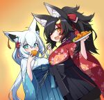  +_+ 2girls :d absurdres ahoge animal_ear_fluff animal_ears aqua_eyes black_hair black_hakama blue_hakama brown_eyes chopsticks commentary_request dutch_angle eating floral_print food_in_mouth fox_ears fox_girl fried_chicken gradient_kimono hair_ornament hakama highres holding holding_chopsticks hololive japanese_clothes jb_jagbung kimono long_hair looking_at_viewer multicolored_hair multiple_girls official_alternate_costume one_eye_closed ookami_mio ookami_mio_(new_year) ponytail red_kimono redhead shirakami_fubuki shirakami_fubuki_(new_year) smile streaked_hair virtual_youtuber white_hair white_kimono wide_sleeves wolf_ears wolf_girl 