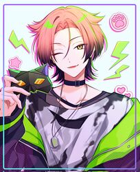  18trip 1boy black_choker black_jacket black_shirt border choker collarbone dog_tags fang grey_shirt hair_between_eyes hand_up heart highres holding holding_mask jacket jewelry layered_clothes male_focus mask multicolored_clothes multicolored_hair multicolored_jacket natsuyaki_chihiro necklace open_clothes open_jacket open_mouth paw_print pink_hair pochimaru_(marumaru_wanwan) shirt simple_background smile star_(symbol) straight-on two-tone_hair undershirt upper_body white_background yellow_eyes 