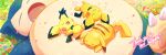  commentary_request commission day flower lying mei_ford no_humans on_back outdoors petals pichu pikachu pixiv_commission pokemon pokemon_(creature) sleeping snorlax sparkle star_(symbol) thank_you 