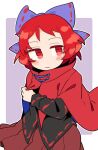  1girl black_shirt blue_bow blush bow brown_skirt cape closed_mouth hair_bow ini_(inunabe00) long_sleeves pleated_skirt red_cape red_eyes redhead sekibanki shirt short_hair skirt solo touhou 