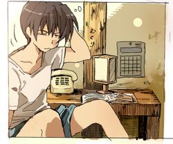  1boy blue_shorts book brown_hair calendar_(object) closed_eyes closed_mouth commentary_request higurashi_no_naku_koro_ni indoors maebara_keiichi male_focus nuancho open_book outline phone shirt short_hair shorts sitting solo t-shirt translation_request waking_up white_outline white_shirt 