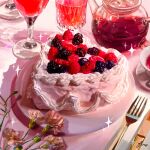  artist_name blueberry cake cup drinking_glass fine_9725 flower food food_focus fork fruit glass_teapot highres icing knife no_humans original plate raspberry saucer spoon still_life tea teacup whipped_cream 