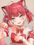  1girl :d ahoge akami_karubi animal_ears blue_eyes blue_ribbon blush bow bowtie brown_background cat_ears cat_girl collar collarbone dress fangs frilled_wrist_cuffs frills gloves grey_collar highres indie_virtual_youtuber ishiyuki looking_at_viewer multicolored_hair open_mouth paw_pose red_bow red_bowtie red_dress redhead ribbon short_hair simple_background smile solo tongue twintails virtual_youtuber white_wrist_cuffs wrist_cuffs 