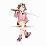  1boy backwards_hat baseball_cap brown_hair ethan_(pokemon) facing_viewer fang full_body goggles hat highres holding holding_weapon hood hood_down looking_to_the_side male_focus one_eye_closed pokemon purple_footwear shoes short_hair short_shorts shorts simple_background sitting solo sword tan_carbonnn weapon white_background 