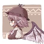  1girl animal_ears arinu bird_ears bird_wings blush breasts brown_dress brown_hat closed_mouth dress feathered_wings from_side hat highres large_breasts mystia_lorelei pink_eyes pink_hair profile shirt short_hair sleeve_garter solo touhou upper_body white_shirt white_wings winged_hat wings 