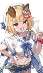  1girl absurdres animal_ears blonde_hair brown_eyes dated fang granblue_fantasy hand_on_own_hip hat highres looking_at_viewer navel short_hair signature smile solo thick_eyebrows v vajra_(granblue_fantasy) vajra_(summer)_(granblue_fantasy) yanapy 