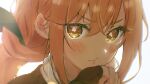  1girl blonde_hair blush brown_cardigan cardigan close-up closed_mouth ear_blush green_ribbon hair_between_eyes hair_ribbon inda_karane kimi_no_koto_ga_dai_dai_dai_dai_daisuki_na_100-nin_no_kanojo kwi lips long_eyelashes long_hair long_sleeves looking_at_viewer ribbon solo twintails yellow_eyes 