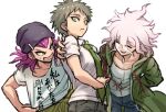  3boys alternate_costume beanie brown_hair chain closed_eyes clothes_pull coat collarbone collared_shirt danganronpa_(series) danganronpa_2:_goodbye_despair green_coat green_eyes green_necktie grey_hair hand_on_another&#039;s_shoulder hat highres hinata_hajime hood hooded_coat komaeda_nagito male_focus medium_hair messy_hair mole mole_under_mouth multiple_boys necktie open_mouth pants pink_eyes pink_hair print_shirt sharp_teeth shirt shirt_pull short_hair short_sleeves simple_background smile soda_kazuichi t-shirt teeth translation_request upper_teeth_only white_background white_shirt youko-shima 