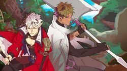  2boys arm_belt arm_tattoo axe belt black_hair black_nails black_shirt blonde_hair cleavage_cutout clothing_cutout crimzon_ruze earrings fingerless_gloves forest gloves grass greatsword grey_hair hair_between_eyes highres holding holding_axe holding_sword holding_weapon holostars holostars_english jacket jacket_on_shoulders jewelry looking_at_viewer male_focus monster_hunter:_world monster_hunter_(character) monster_hunter_(series) multicolored_hair multiple_boys nature nijisanji nijisanji_en open_clothes open_jacket pectorals pink_eyes pointy_ears scar scar_on_face scar_on_forehead screetuber shirt shoulder_spikes smile spikes sword tattoo tight_clothes torn_clothes torn_jacket tree turtleneck two-handed undercut vantacrow_bringer violet_eyes weapon 