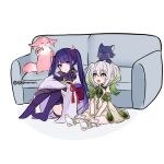  2girls alternate_hairstyle artist_name cat coach comb fox genshin_impact green_eyes highres instagram_logo instagram_username kamiiart multiple_girls nahida_(genshin_impact) panties panty_peek pointy_ears purple_hair raiden_shogun scaramouche_(cat)_(genshin_impact) scaramouche_(genshin_impact) thigh-highs toeless_legwear twintails twitter_logo twitter_username underwear violet_eyes white_hair yae_miko yae_miko_(fox) 