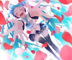  1girl blue_hair blush closed_eyes collared_shirt detached_sleeves hatsune_miku headphones headset long_hair nashinome_(y5wlht) necktie open_mouth outstretched_arms petals pleated_skirt reaching reaching_towards_viewer shirt skirt sleeveless sleeveless_shirt smile solo thigh-highs thigh_gap very_long_hair vocaloid 