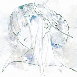  1girl bare_shoulders blunt_bangs closed_mouth collarbone flower hair_flower hair_ornament hair_rings half-closed_eyes kaine_(nier) kazari_tayu looking_to_the_side nier_(series) sidelocks simple_background sketch solo updo upper_body white_hair 