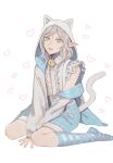  1boy alternate_species androgynous animal_ears bell blue_shorts cat_boy cat_ears cat_tail dungeon_meshi elf frilled_sleeves frills grey_eyes grey_hair highres hood jacket jacket_partially_removed kabe_piko kemonomimi_mode long_sleeves looking_at_viewer male_focus medium_hair mithrun neck_bell pointy_ears shirt shorts simple_background sitting smile socks striped_clothes striped_socks suspenders tail wariza white_background white_hair 