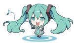  1girl aqua_eyes aqua_hair aqua_necktie chibi commentary detached_sleeves dress eighth_note full_body gale_kawaii grey_dress hashtag-only_commentary hatsune_miku long_hair miku_day music musical_note necktie open_mouth round_teeth singing smile solo teeth twintails very_long_hair vocaloid 