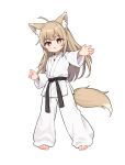  1girl absurdres ahoge animal_ear_fluff animal_ears barefoot belt black_belt blonde_hair bright_pupils brown_eyes chinese_commentary commentary_request dot_nose dougi fox_ears fox_tail full_body highres kuma-bound long_hair open_mouth original pants simple_background solo standing tail toes white_background white_pants white_pupils 