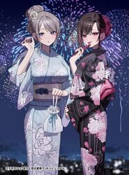  2girls aerial_fireworks artist_name black_choker black_hair blue_eyes blue_kimono blurry blurry_background blush chigusa_minori choker colored_inner_hair commentary_request copyright_name fireworks floral_print floral_print_kimono flower food fruit grey_hair hair_bun hair_flower hair_ornament highres holding holding_food japanese_clothes kimono looking_at_viewer multicolored_hair multiple_girls night obi official_art open_mouth parted_lips pink_eyes pink_hair print_kimono promotional_art saotome_shino_(shino_to_ren) sash shino_to_ren shirayuki_ren short_hair sidelocks single_hair_bun standing strawberry streaked_hair swept_bangs tongue tongue_out translation_request wide_sleeves yukata 