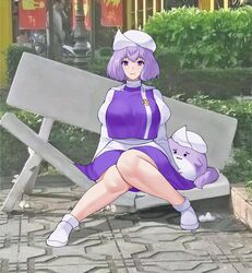  1girl :3 :| aroevela bench breaking_bad breasts broken closed_mouth fat_joke hat hiding hiding_behind_another highres juliet_sleeves knees_together_feet_apart lapel_pin legs letty_whiterock long_sleeves looking_at_viewer park_bench pavement photo_background profile puffy_sleeves purple_hair purple_skirt purple_vest short_hair skirt stone_bench sukusuku_hakutaku touhou vest violet_eyes white_footwear white_hat 