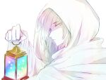  1boy chinese_commentary cloak commentary_request harada_mutei highres holding holding_lantern hood hood_up hooded_cloak lantern long_sleeves male_focus parted_lips partially_colored qubagogo rainbow_gradient saibou_shinkyoku short_hair simple_background solo white_background 