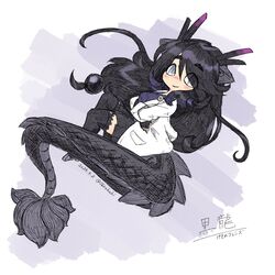  1girl animal_ears black_dragon_(kemono_friends) black_hair coat dragon_girl dragon_horns dragon_tail extra_ears fingerless_gloves full_body gloves grey_background grey_eyes highres horns kemono_friends long_hair looking_at_viewer shirabaki shirt simple_background skirt solo tail thigh-highs white_coat 