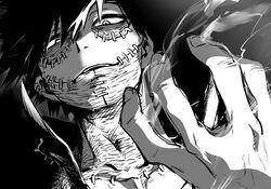  1boy akiyama_youkou black_background black_hair black_shirt boku_no_hero_academia clenched_hand dabi_(boku_no_hero_academia) dutch_angle greyscale hair_between_eyes hand_up high_collar looking_at_viewer male_focus monochrome open_collar parted_lips shirt simple_background small_pupils smoke solo stitched_eye stitched_face stitched_mouth stitched_neck stitches teeth upper_body upper_teeth_only 