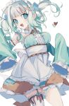  1girl absurdres blue_eyes blush bow breasts dizzy_(nadecola9) dress frilled_dress frills ghost gradient_hair green_dress green_hair hair_bow highres indie_virtual_youtuber long_hair maid maid_headdress medium_breasts mint_fantome multicolored_hair open_mouth simple_background single_thighhigh sleeves_past_fingers sleeves_past_wrists smile solo standing thigh-highs thigh_strap two_side_up virtual_youtuber white_background white_hair 