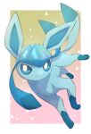  absurdres blue_eyes blue_fur border bright_pupils glaceon gradient_background green_background highres looking_at_viewer no_humans nullma outside_border pink_background pokemon pokemon_(creature) signature solo two-tone_background two-tone_fur white_border white_pupils 