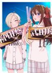  2girls absurdres baseball_bat baseball_uniform blonde_hair blue_eyes blush border bow brown_hair closed_eyes closed_mouth commentary_request dated ear_piercing facing_viewer fukuoka_softbank_hawks hair_between_eyes hair_bow hair_over_one_eye highres holding holding_baseball_bat jacket long_hair looking_at_viewer love_live! love_live!_nijigasaki_high_school_idol_club mia_taylor multiple_girls nippon_professional_baseball open_clothes open_jacket open_mouth osaka_shizuku outside_border piercing plaid plaid_skirt pleated_skirt red_bow short_hair short_sleeves skirt smile sportswear standing twitter_username upper_body white_border white_jacket white_skirt yurine_(mmmiso_souppp) 