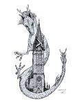  absurdres akeru animal_focus architecture church commentary_request dated dragon eastern_dragon full_body greyscale highres monochrome no_humans original pen_(medium) signature simple_background solo stained_glass talons white_background 