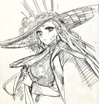  1girl braid cape dorothea_coyett fate/samurai_remnant fate_(series) greyscale hat highres long_hair looking_at_viewer monochrome sketch solo wataru_rei 