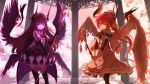  2girls angel_and_devil bad_id bad_pixiv_id black_bow black_cape black_dress black_gloves black_thighhighs black_wings blue_eyes bow brown_hair cape center_frills column commentary_request dress elbow_gloves feathered_wings feet_out_of_frame frilled_dress frills gloves hair_bow highres holding holding_staff idol_clothes kurosu_aroma long_hair looking_at_viewer multiple_girls multiple_wings open_mouth pillar pretty_series pripara redhead ruru_ashihara shiratama_mikan smile staff standing thigh-highs white_dress white_gloves white_wings wings yellow_eyes 