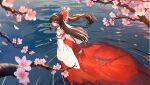  1girl absurdres bow branch brown_hair chen_(pixiv_35891546) cherry_blossoms chinese_commentary commentary_request detached_sleeves falling_petals flower frilled_bow frilled_hair_tubes frills hair_bow hair_tubes hakurei_reimu highres long_hair petals pink_flower pink_petals red_bow red_eyes red_skirt ripples skirt skirt_set solo touhou water wet wet_clothes wet_skirt 