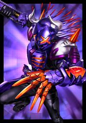  +_+ 1boy armor black_bodysuit black_border black_footwear black_gloves bodysuit boots border buffalo bull chainsaw claw_(weapon) desire_driver gloves highres holding holding_sword holding_weapon horns kamen_rider kamen_rider_buffa kamen_rider_geats_(series) long_hair looking_at_viewer male_focus masukudo_(hamamoto_hikaru) purple_background purple_hair raise_buckle scarf shoulder_spikes solo spikes spread_legs sword tokusatsu weapon zombie_breaker zombie_buckle 