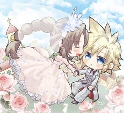  1boy 1girl aerith_gainsborough arestear0701 artist_name ascot bare_shoulders black_shirt blonde_hair blue_eyes blush braid braided_ponytail breasts bridal_veil bride brown_hair chibi church closed_eyes cloud_strife clouds cloudy_sky collared_shirt dress earrings final_fantasy final_fantasy_vii floral_print flower full_body gloves grey_footwear grey_jacket grey_pants grey_suit grey_vest groom hair_between_eyes hair_flower hair_ornament highres husband_and_wife jacket jewelry long_dress long_hair medium_breasts official_alternate_costume open_mouth outstretched_arms pants parted_bangs parted_lips pink_flower pink_rose rose shirt short_hair sidelocks single_braid single_earring sky smile spiky_hair suit suit_jacket tuxedo veil vest waistcoat wavy_hair wedding wedding_dress white_ascot white_dress white_flower white_gloves 