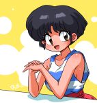  1girl arm_support armpits black_hair blush brown_eyes happy looking_to_the_side open_mouth own_hands_together ranma_1/2 shadow short_hair smile solo striped_clothes striped_tank_top tank_top tendou_akane wanta_(futoshi) yellow_background 