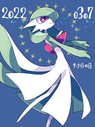  blue_background bob_cut colored_skin dated dress gardevoir gardevoir_day green_hair green_skin hair_over_one_eye highres multicolored_skin pink_eyes pokemon pokemon_(creature) reira_(r-suoh) signature simple_background smile two-tone_skin white_dress white_skin 