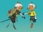  1boy animal_feet aqua_background baggy_pants blue_eyes brown_shorts closed_mouth colored_sclera colored_skin fins fish_boy full_body green_vest hand_up head_fins highres holding holding_polearm holding_weapon looking_at_viewer male_focus monster_boy multiple_views orange_skin original pants polearm shirt short_hair shorts simple_background spear umbs_iso vest weapon white_hair yellow_sclera yellow_shirt 