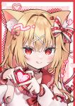  1girl :q alternate_costume animal_ear_fluff animal_ears blonde_hair blush border bow collar commentary detached_sleeves flandre_scarlet grey_background hair_bow heart heart_hands heart_print highres inset_border jewelry looking_at_viewer multiple_rings red_background red_bow red_collar red_eyes red_nails red_sailor_collar ring sailor_collar shironeko_yuuki shirt side_ponytail solo tongue tongue_out touhou upper_body white_shirt white_sleeves 
