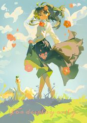  1girl absurdres ahoge arm_at_side barefoot bird blue_sky closed_mouth clouds dot_mouth feet_out_of_frame floating_clothes floating_hair flower full_body goose grass green_eyes green_hair highres holding holding_clothes holding_skirt long_hair long_skirt long_sleeves looking_back o.f.t original outdoors red_flower round_eyewear shade shadow shirt skirt sky solo standing watermark white_bird white_shirt 