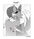  1boy 1girl ^^^ animal_crossing animal_ears animal_nose artist_name audie_(animal_crossing) blush body_fur border claws commentary drawligator dress ear_blush embarrassed emphasis_lines english_text eyewear_on_head furry furry_female furry_with_non-furry hands_up hetero highres interspecies motion_lines nose_blush open_mouth short_hair signature sleeveless sleeveless_dress snout standing sunglasses surprised symbol-only_commentary tail tail_raised tail_wagging upper_body villager_(animal_crossing) white_background white_border wide-eyed wolf_ears wolf_girl wolf_tail 