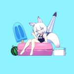  1girl animal_ears blue_background cross_(vgne4542) fox_ears fox_tail highres phase_connect short_hair simple_background solo tail tenma_maemi violet_eyes white_hair 